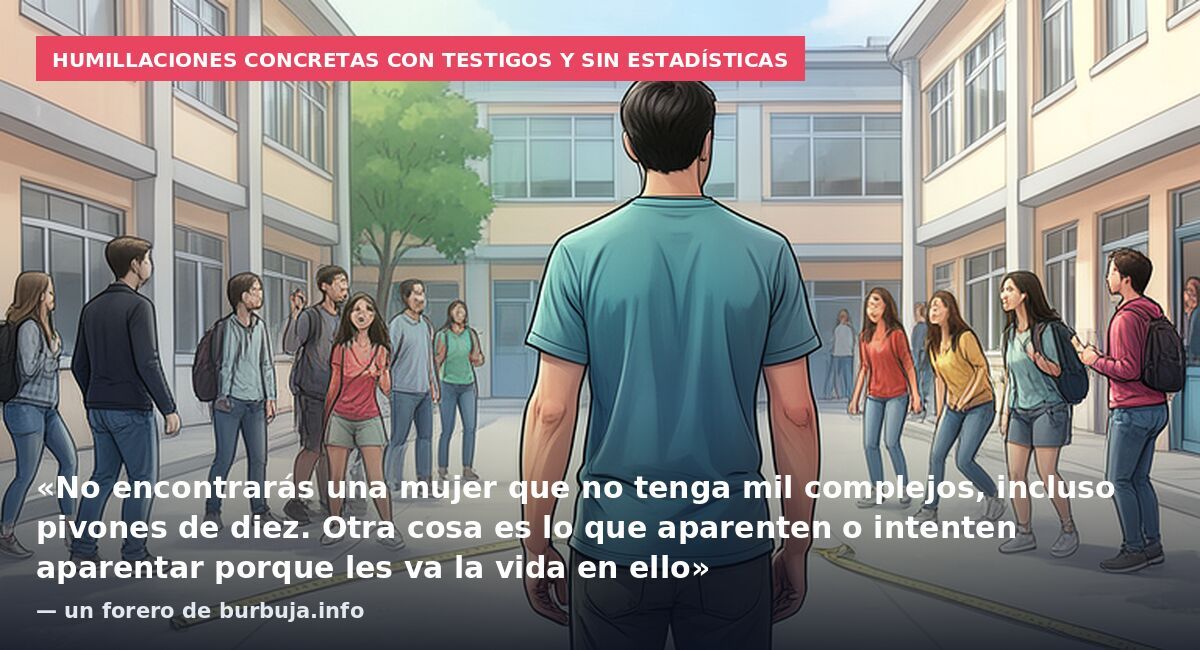 Humillaciones concretas con testigos y sin estadísticas: «No encontrarás una mujer que no tenga mil complejos, incluso pivones de diez. Otra cosa es lo que aparenten o intenten aparentar porque les va la vida en ello» — un forero de burbuja.info