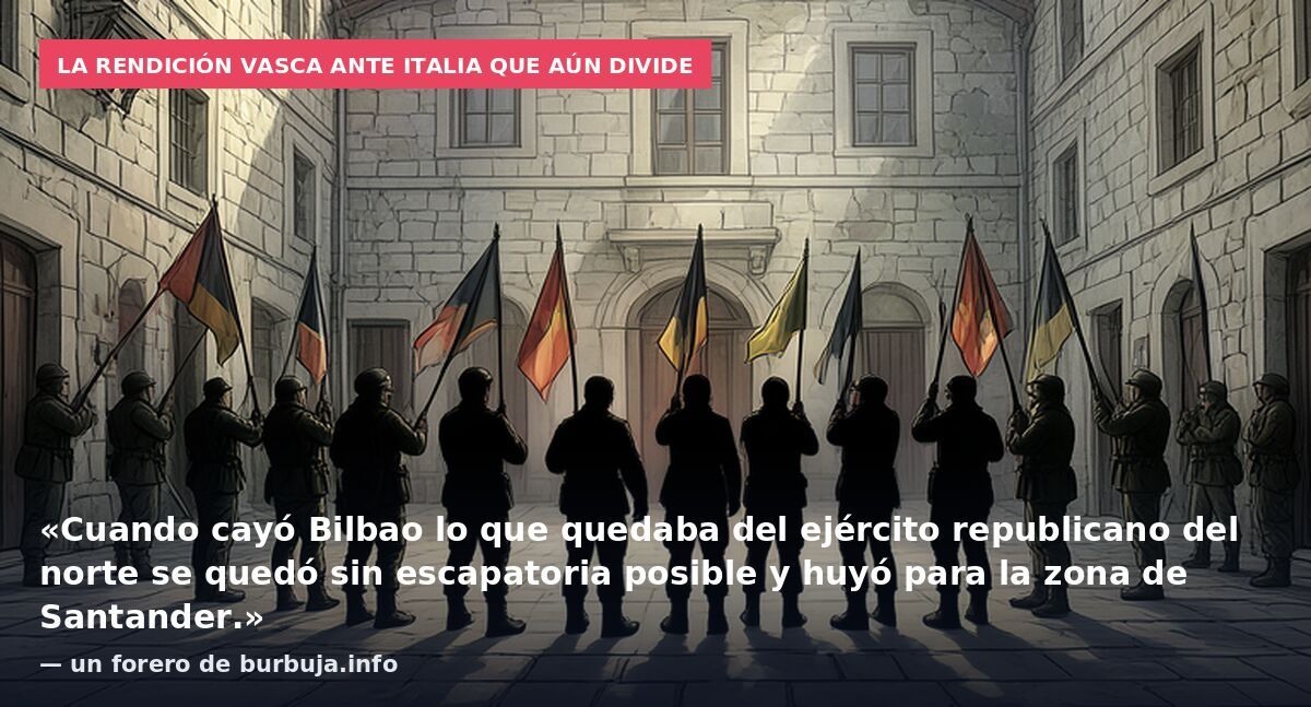La rendición vasca ante Italia que aún divide: «Cuando cayó Bilbao lo que quedaba del ejército republicano del norte se quedó sin escapatoria posible y huyó para la zona de Santander.» — un forero de burbuja.info
