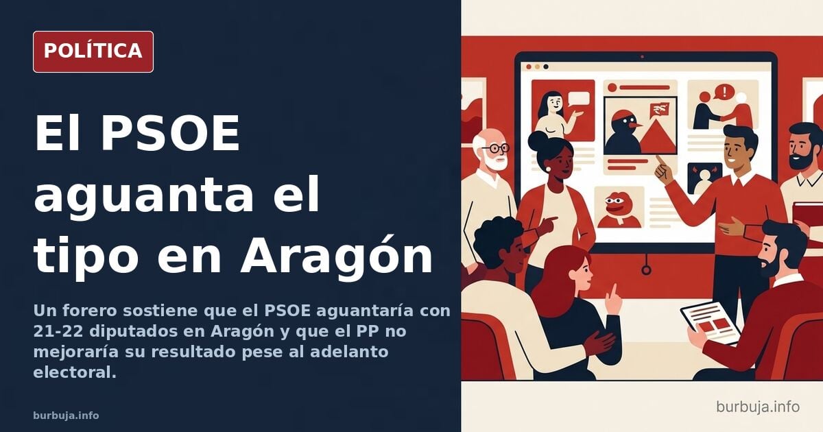 Ilustración editorial de una urna electoral aragonesa con papeletas del PSOE y PP, y un gráfico de escaños parlamentarios