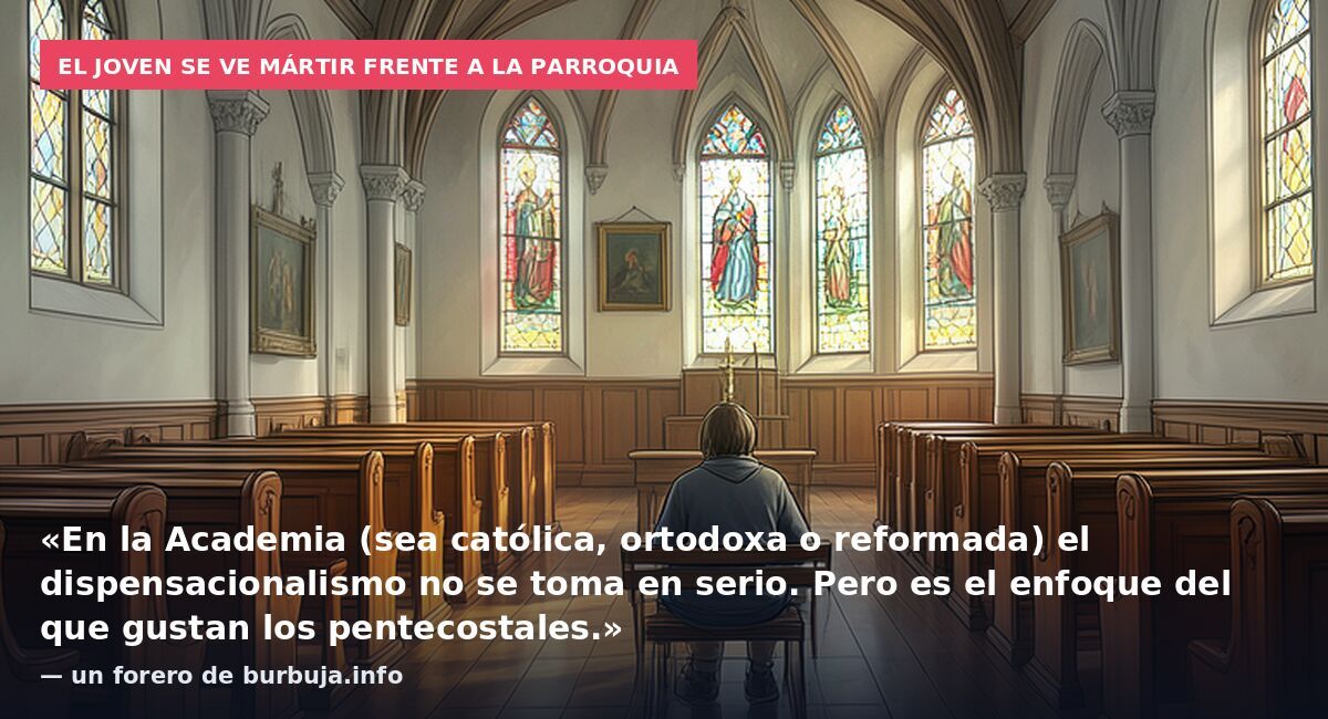 El joven se ve mártir frente a la parroquia: «En la Academia (sea católica, ortodoxa o reformada) el dispensacionalismo no se toma en serio. Pero es el enfoque del que gustan los pentecostales.» — un forero de burbuja.info