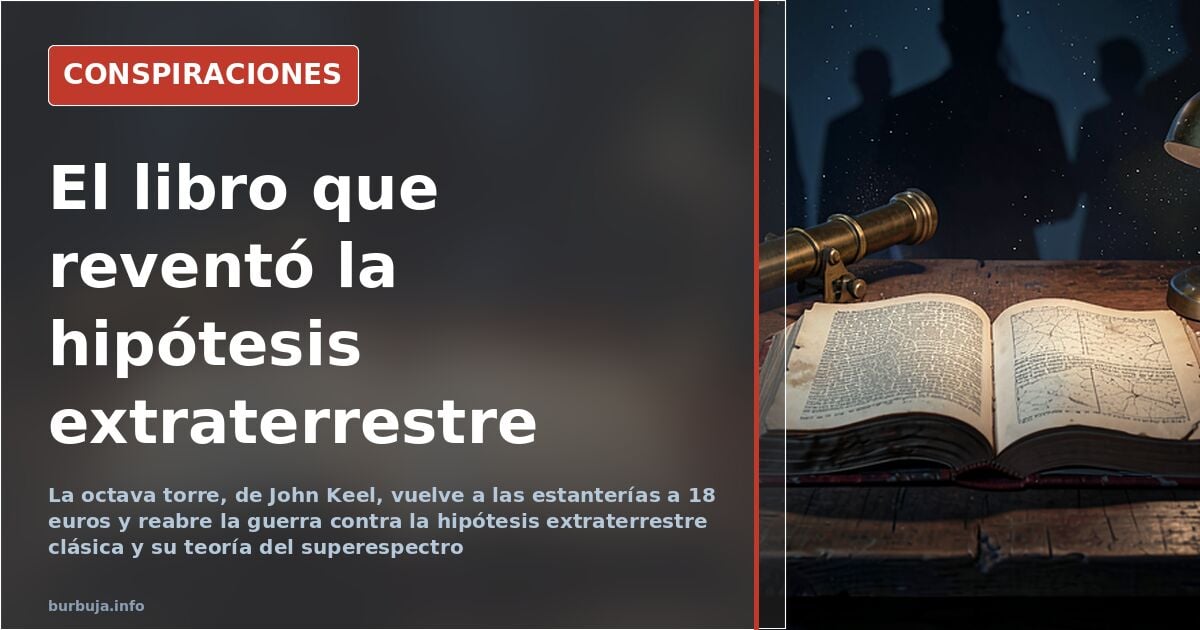 Portada del libro La octava torre de John Keel junto a una estantería de ensayos sobre ovnis y fenómenos paranormales
