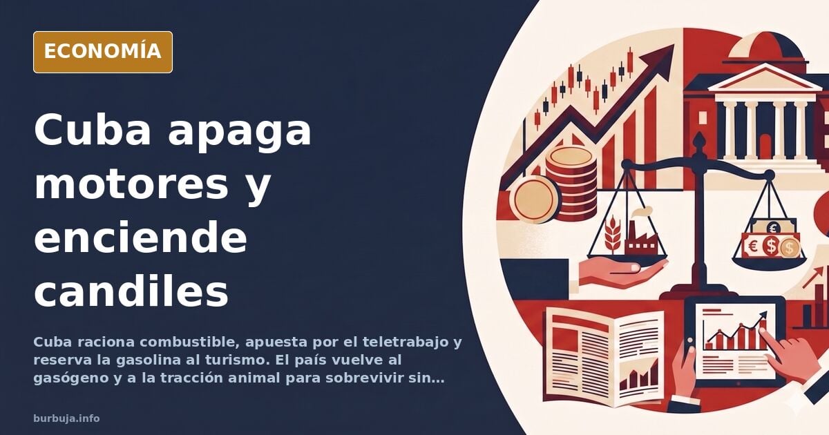 Ilustración editorial de un coche cubano tirado por un buey en una carretera vacía, con una gasolinera cerrada al fondo