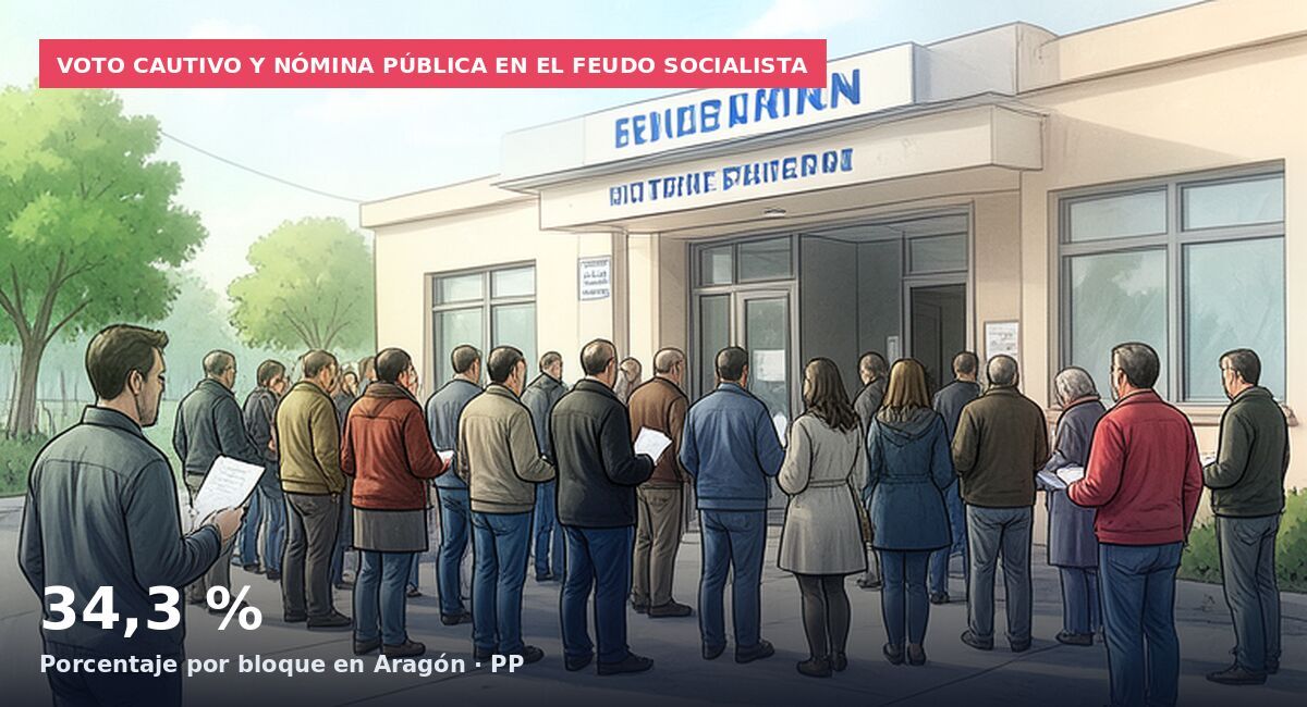 Voto cautivo y nómina pública en el feudo socialista: 34,3 % Porcentaje por bloque en Aragón · PP