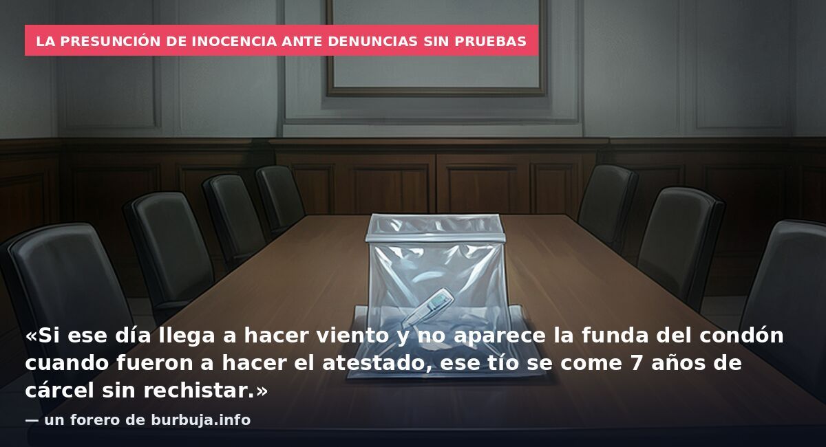 La presunción de inocencia ante denuncias sin pruebas: «Si ese día llega a hacer viento y no aparece la funda del condón cuando fueron a hacer el atestado, ese tío se come 7 años de cárcel sin rechistar.» — un forero de burbuja.info