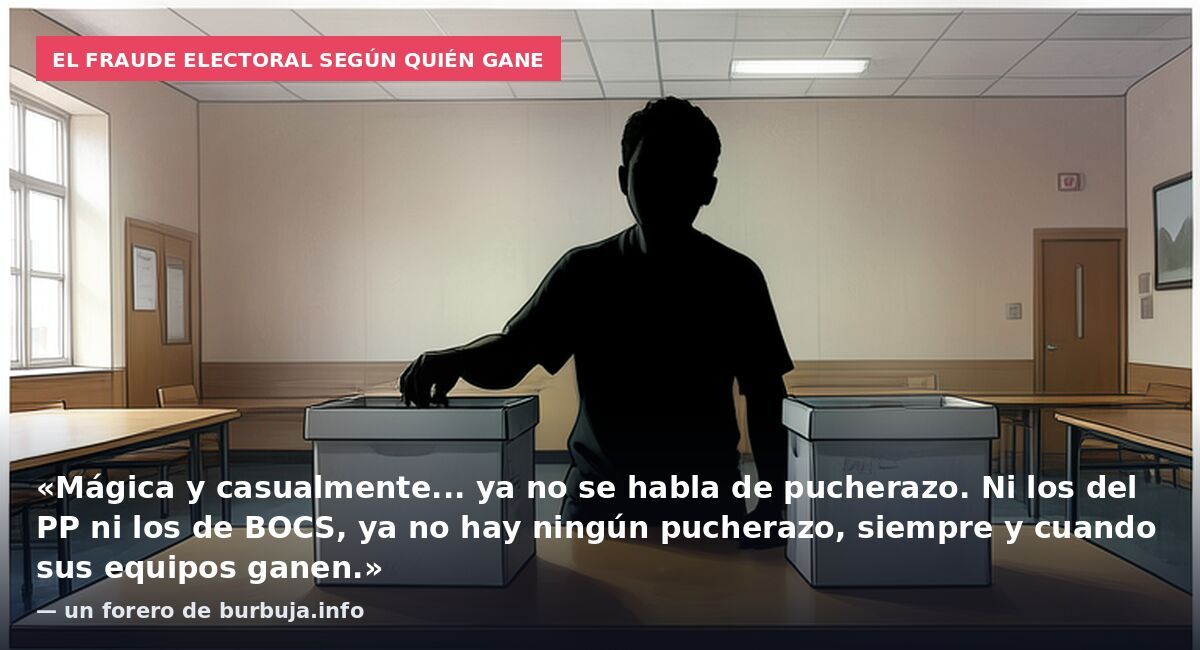 El fraude electoral según quién gane: «Mágica y casualmente... ya no se habla de pucherazo. Ni los del PP ni los de BOCS, ya no hay ningún pucherazo, siempre y cuando sus equipos ganen.» — un forero de burbuja.info