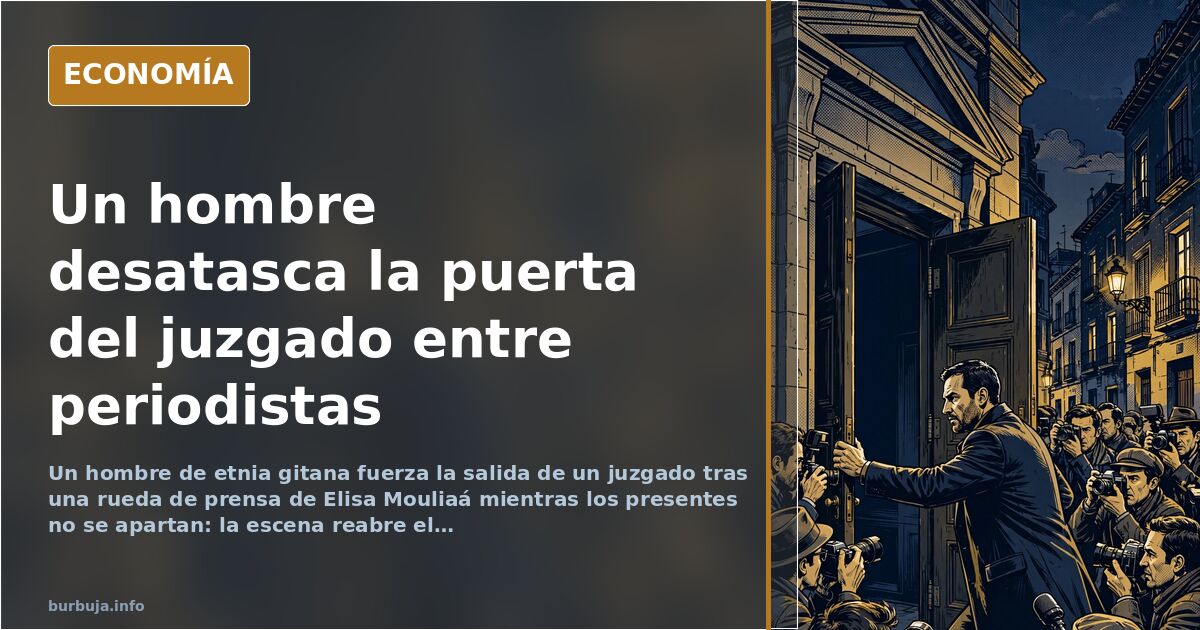 Ilustración editorial de un hombre abriéndose paso entre una multitud que bloquea la salida de un edificio judicial
