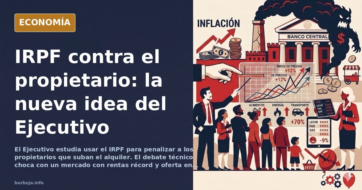 Ilustración editorial de un edificio de viviendas con una balanza fiscal inclinada sobre los alquileres