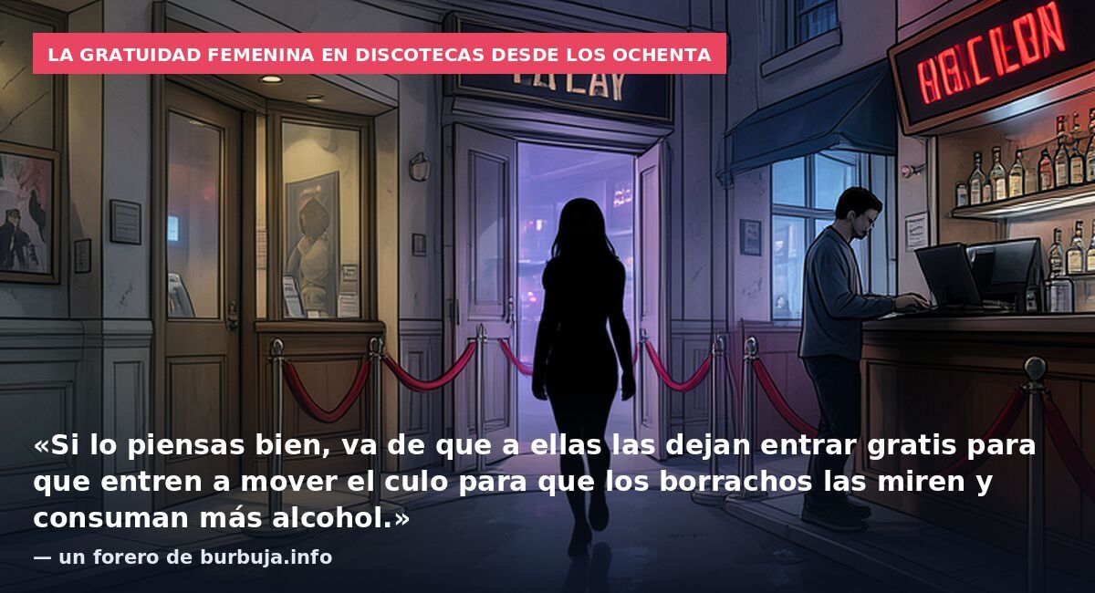 La gratuidad femenina en discotecas desde los ochenta: «Si lo piensas bien, va de que a ellas las dejan entrar gratis para que entren a mover el culo para que los borrachos las miren y consuman más alcohol.» — un forero de burbuja.info