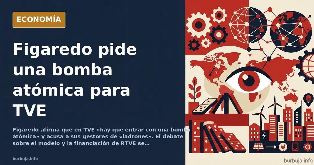 Ilustración editorial de un edificio de televisión pública rodeado de símbolos de conflicto político y financiación