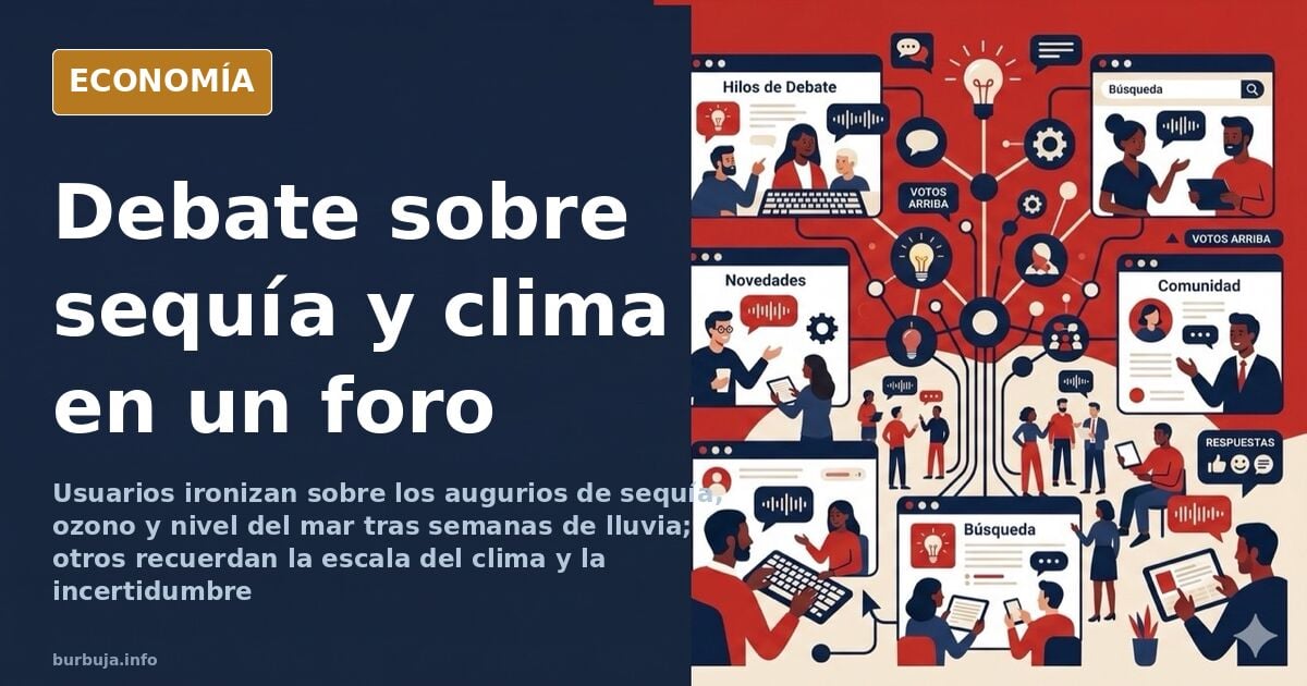 Ilustración editorial de un embalse lleno bajo la lluvia con gráficos climáticos difuminados al fondo