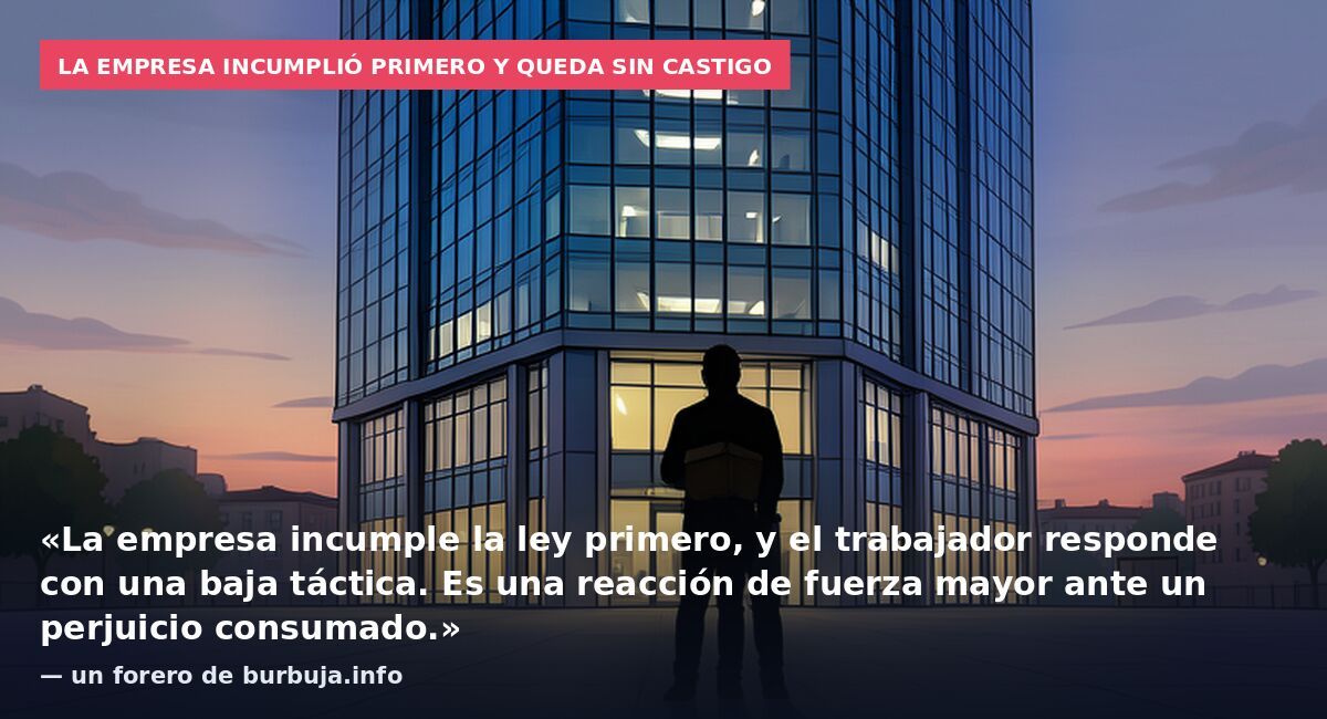 La empresa incumplió primero y queda sin castigo: «La empresa incumple la ley primero, y el trabajador responde con una baja táctica. Es una reacción de fuerza mayor ante un perjuicio consumado.» — un forero de burbuja.info