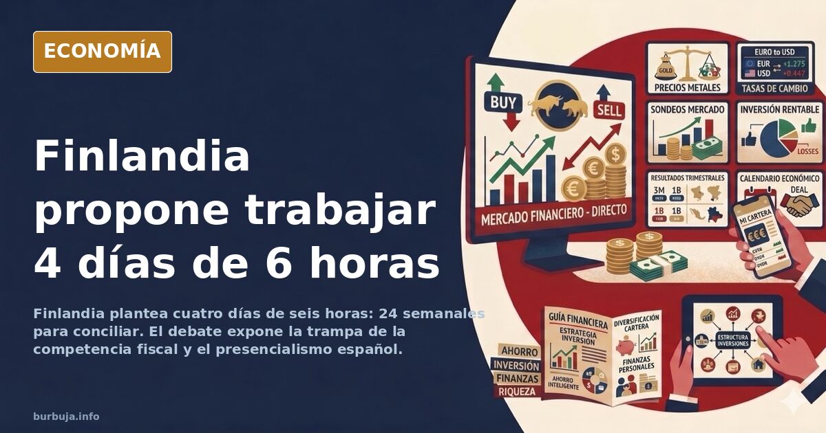 Ilustración editorial de un reloj de oficina partido en cuatro segmentos sobre fondo azul marino y dorado