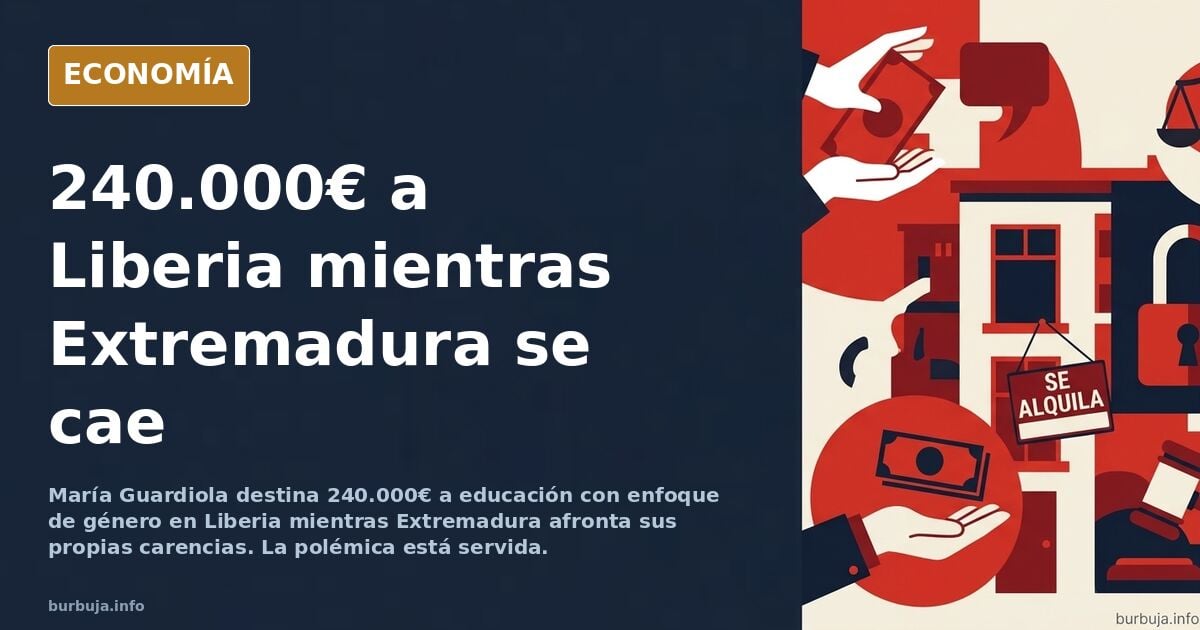Ilustración editorial de una maleta de dinero con destino a Liberia y el mapa de Extremadura en tonos azul marino y dorado