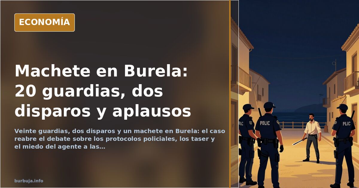 Ilustración editorial de agentes de la Guardia Civil con escudo frente a un hombre armado con machete en una calle de Burela
