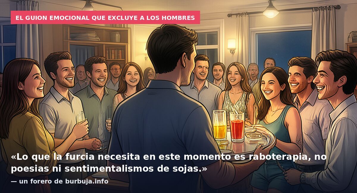 El guion emocional que excluye a los hombres: «Lo que la furcia necesita en este momento es raboterapia, no poesias ni sentimentalismos de sojas.» — un forero de burbuja.info