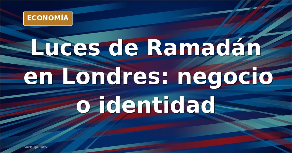 Ilustración editorial de una calle de Londres con luces de Ramadán encendidas y siluetas de personas paseando al anochecer
