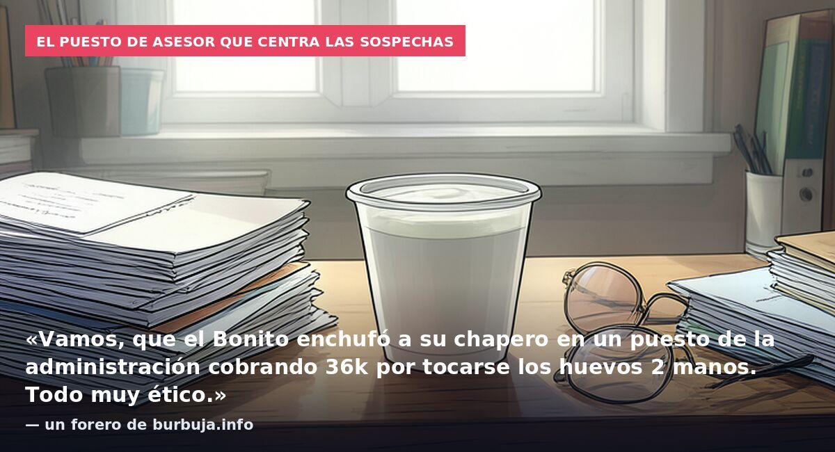 El puesto de asesor que centra las sospechas: «Vamos, que el Bonito enchufó a su chapero en un puesto de la administración cobrando 36k por tocarse los huevos 2 manos. Todo muy ético.» — un forero de burbuja.info