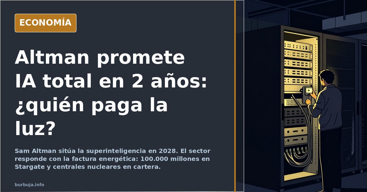 Ilustración editorial de un centro de datos con torres de refrigeración y un reloj marcando 2028, en azul marino y dorado