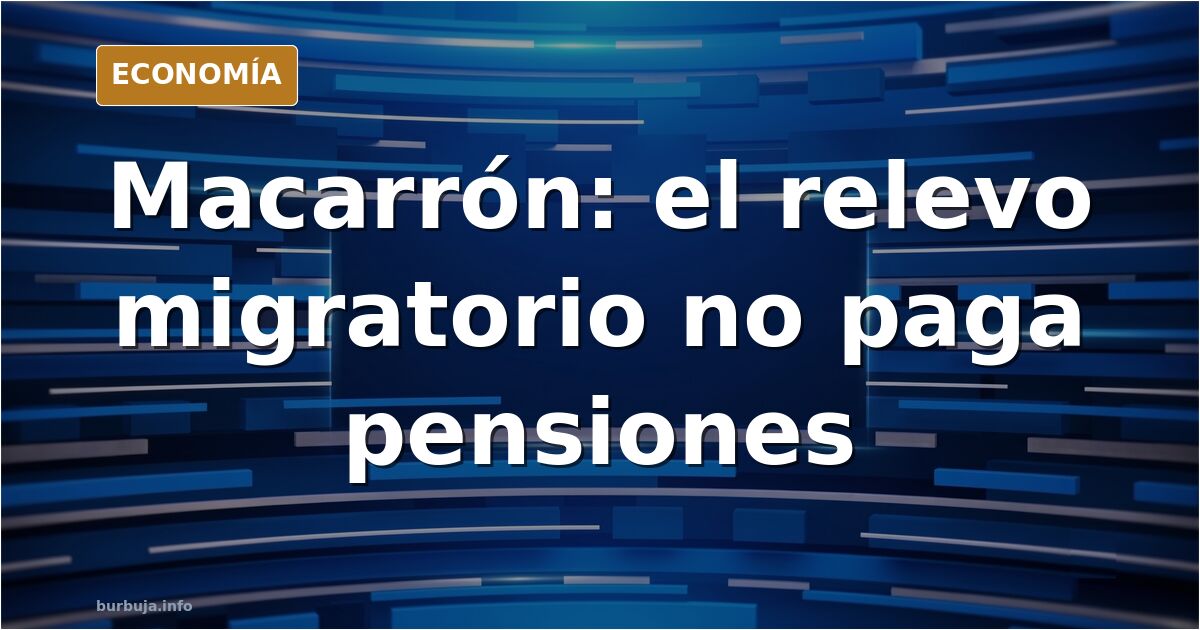 Ilustración editorial sobre demografía española y pensiones con gráfico descendente de nacimientos frente a llegada de migran