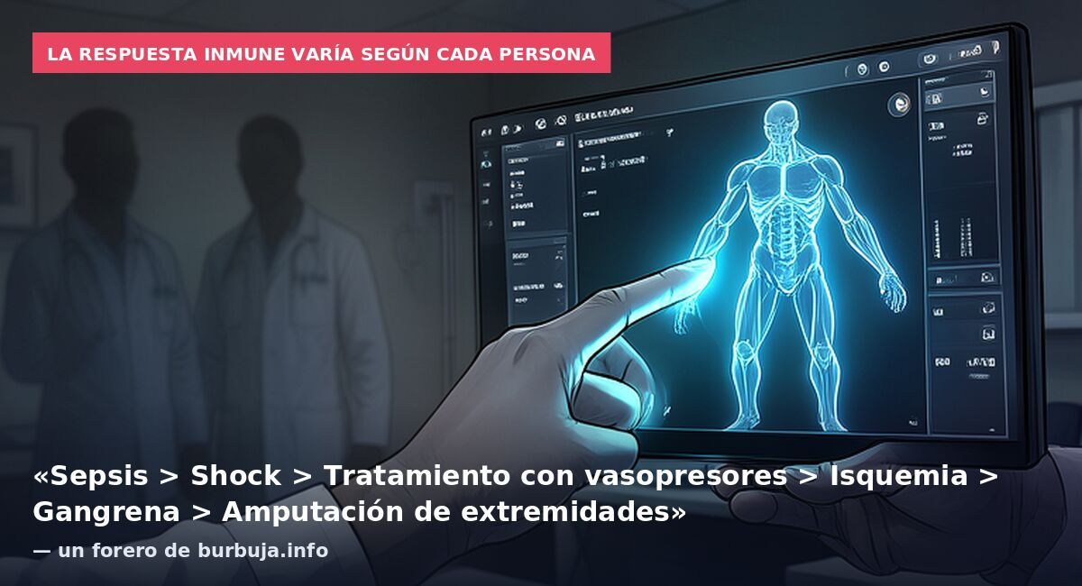 La respuesta inmune varía según cada persona: «Sepsis > Shock > Tratamiento con vasopresores > Isquemia > Gangrena > Amputación de extremidades» — un forero de burbuja.info