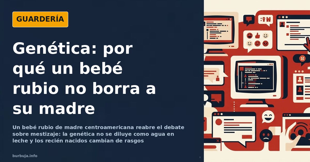 Ilustración de un bebé de ojos claros junto a una gráfica de herencia genética y rasgos que cambian con los meses