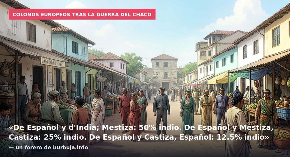Colonos europeos tras la guerra del Chaco: «De Español y d'India; Mestiza: 50% indio. De Español y Mestiza, Castiza: 25% indio. De Español y Castiza, Español: 12.5% indio» — un forero de burbuja.info
