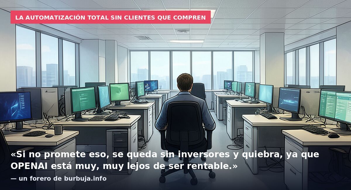 La automatización total sin clientes que compren: «Si no promete eso, se queda sin inversores y quiebra, ya que OPENAI está muy, muy lejos de ser rentable.» — un forero de burbuja.info