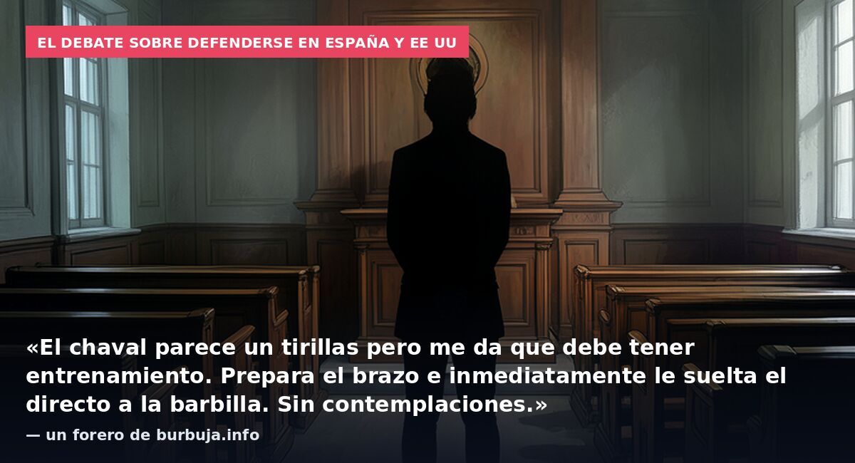 El debate sobre defenderse en España y EE UU: «El chaval parece un tirillas pero me da que debe tener entrenamiento. Prepara el brazo e inmediatamente le suelta el directo a la barbilla. Sin contemplaciones.» — un forero de burbuja.info