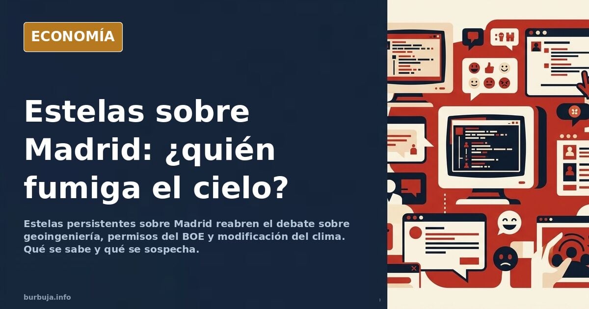 Cielo de Madrid cruzado por estelas de avión que persisten y forman neblina sobre los edificios de la ciudad