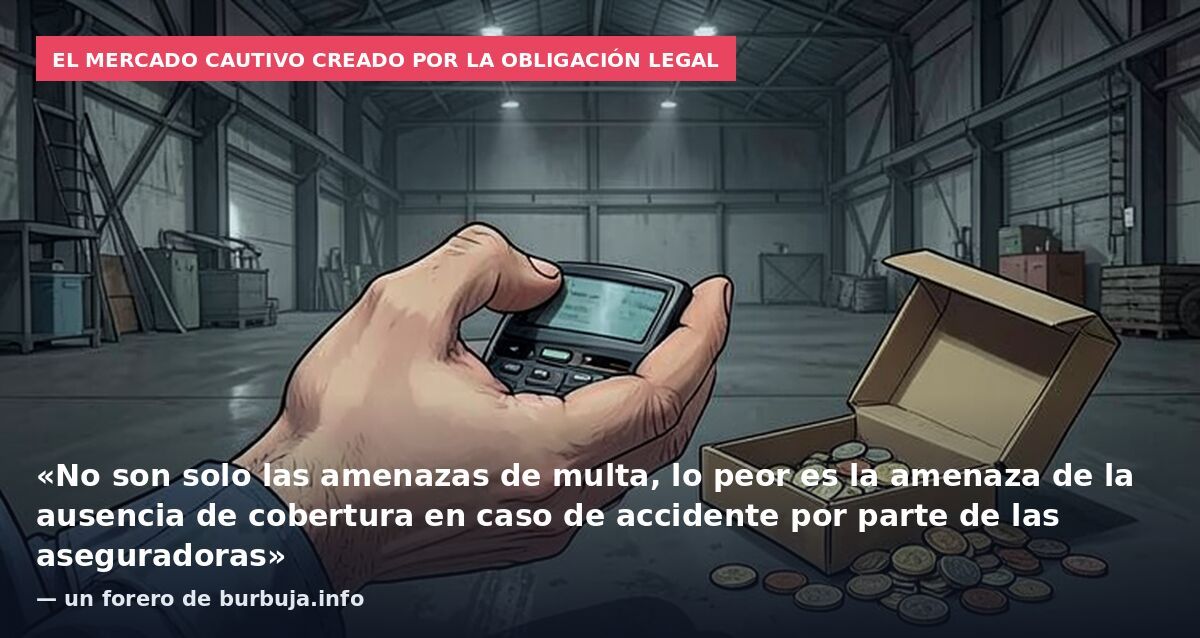 El mercado cautivo creado por la obligación legal: «No son solo las amenazas de multa, lo peor es la amenaza de la ausencia de cobertura en caso de accidente por parte de las aseguradoras» — un forero de burbuja.info