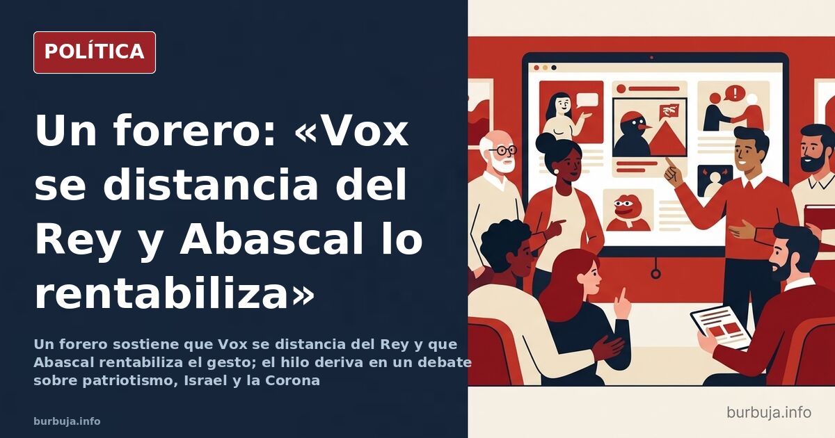Ilustración editorial de un líder político de Vox distanciándose de la Corona española en un hemiciclo parlamentario