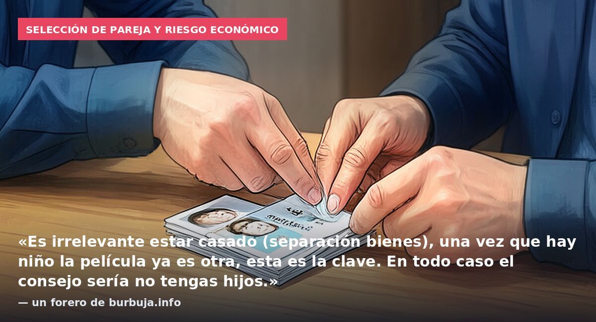 Selección de pareja y riesgo económico: «Es irrelevante estar casado (separación bienes), una vez que hay niño la película ya es otra, esta es la clave. En todo caso el consejo sería no tengas hijos.» — un forero de burbuja.info
