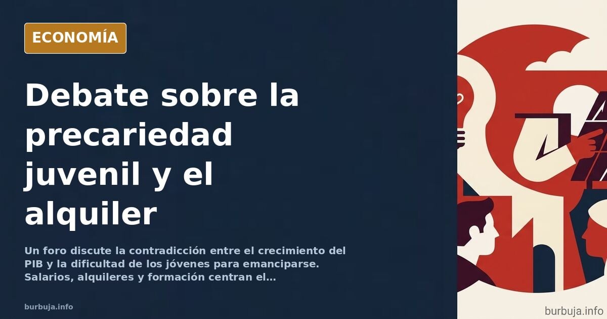 Ilustración editorial de un joven con traje sosteniendo una casa de la que sale humo mientras un gráfico de PIB sube al fondo