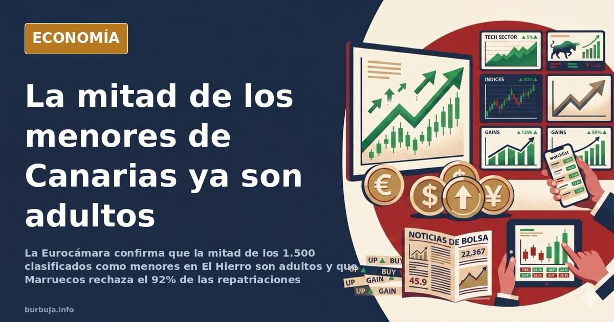 Ilustración editorial de una isla canaria con siluetas de migrantes y un gráfico decreciente de repatriaciones
