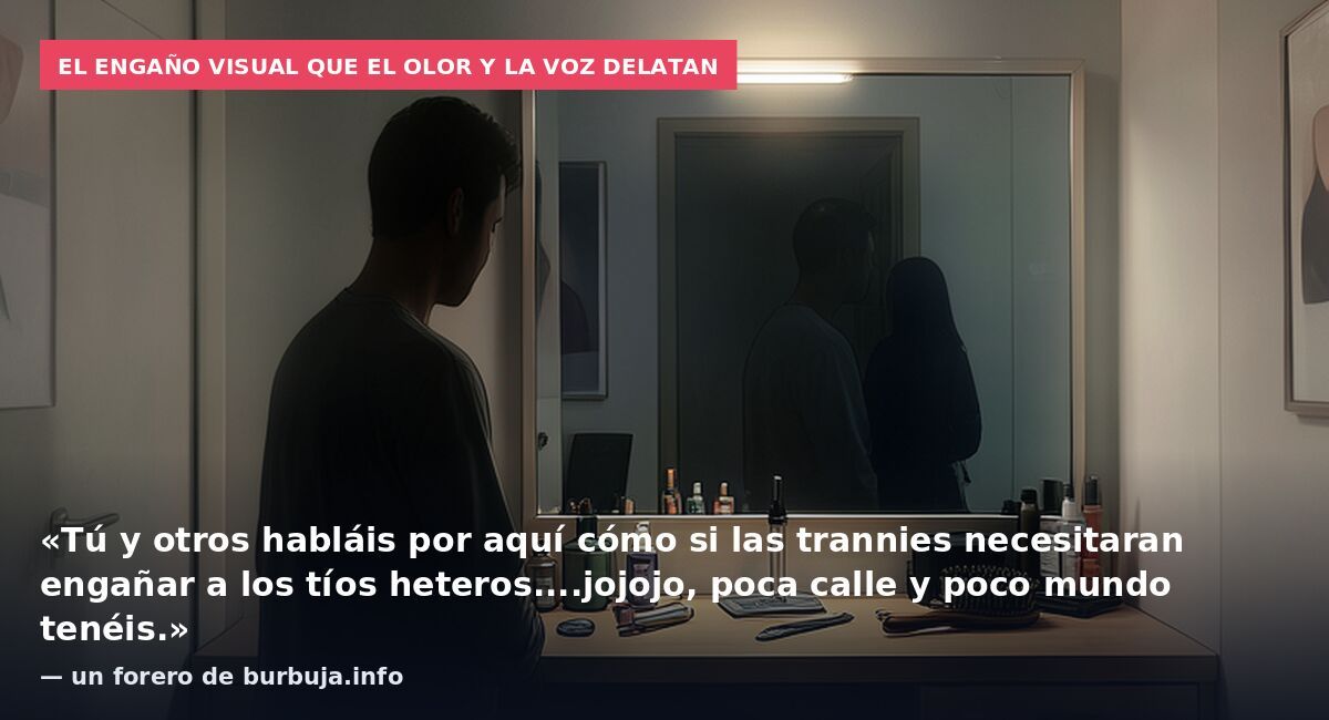 El engaño visual que el olor y la voz delatan: «Tú y otros habláis por aquí cómo si las trannies necesitaran engañar a los tíos heteros....jojojo, poca calle y poco mundo tenéis.» — un forero de burbuja.info