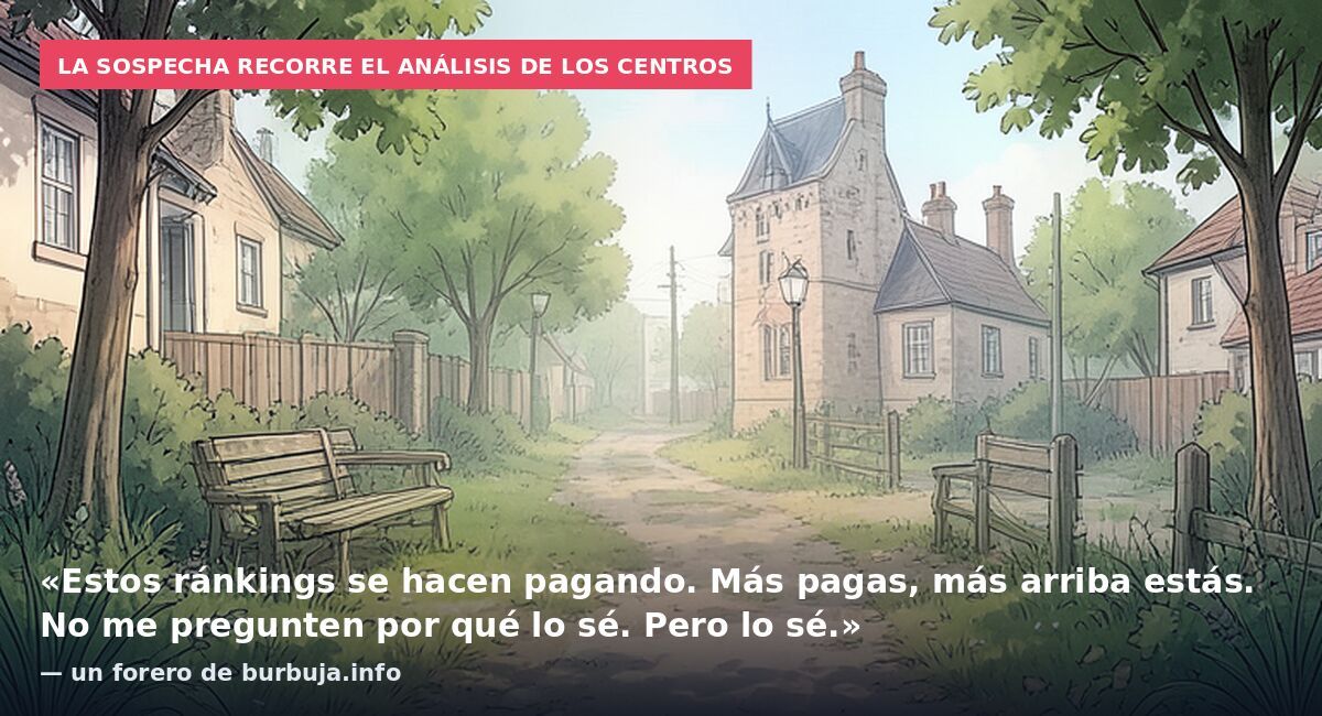 La sospecha recorre el análisis de los centros: «Estos ránkings se hacen pagando. Más pagas, más arriba estás. No me pregunten por qué lo sé. Pero lo sé.» — un forero de burbuja.info