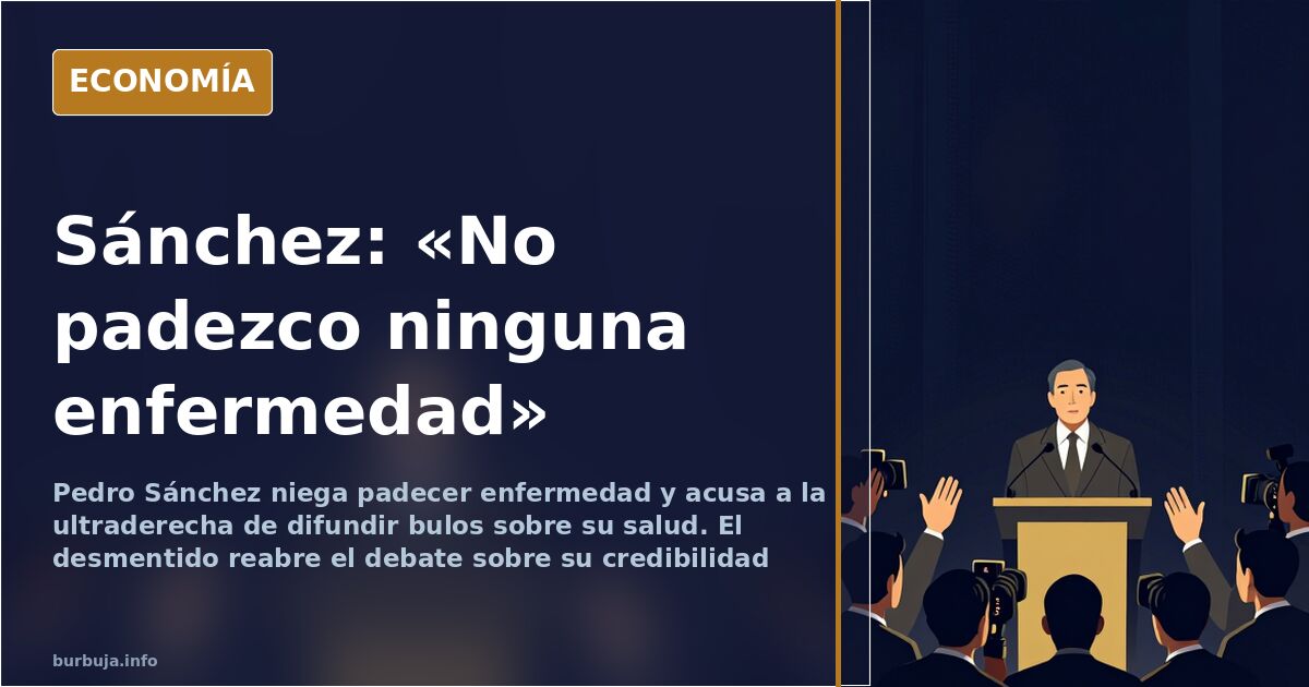 Ilustración editorial de Pedro Sánchez negando una enfermedad ante micrófonos, con fondo azul marino y dorado