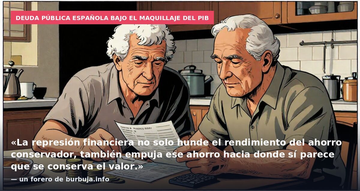 Deuda pública española bajo el maquillaje del PIB: «La represión financiera no solo hunde el rendimiento del ahorro conservador, también empuja ese ahorro hacia donde sí parece que se conserva el valor.» — un forero de burbuja.info