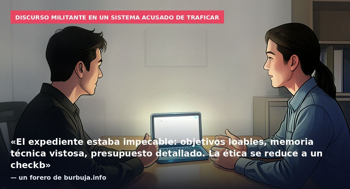Discurso militante en un sistema acusado de traficar: «El expediente estaba impecable: objetivos loables, memoria técnica vistosa, presupuesto detallado. La ética se reduce a un checkb» — un forero de burbuja.info