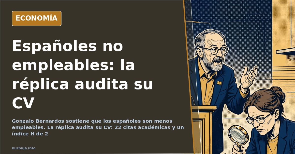 Ilustración editorial de un economista señalando gráficos de empleabilidad y empleo sobre una pizarra