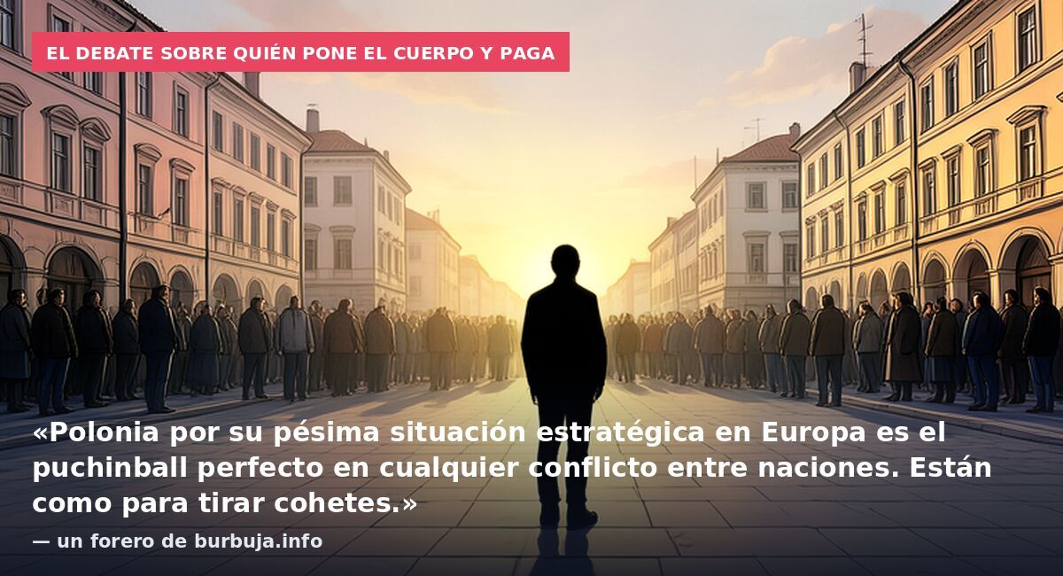 El debate sobre quién pone el cuerpo y paga: «Polonia por su pésima situación estratégica en Europa es el puchinball perfecto en cualquier conflicto entre naciones. Están como para tirar cohetes.» — un forero de burbuja.info