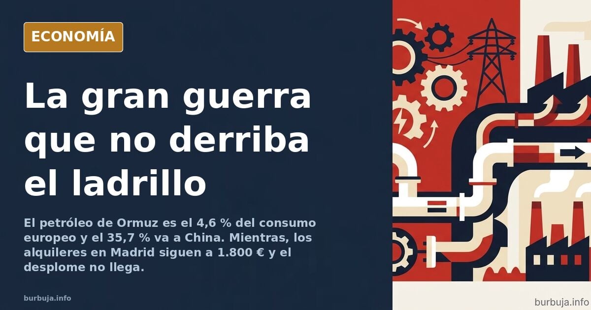 Ilustración editorial de un edificio de viviendas junto a una pantalla bursátil en rojo, con un barril de petróleo en primer 
