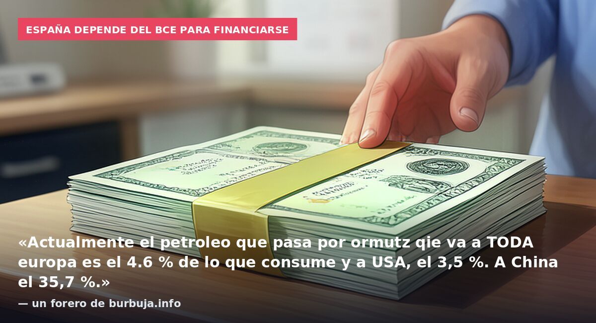 España depende del BCE para financiarse: «Actualmente el petroleo que pasa por ormutz qie va a TODA europa es el 4.6 % de lo que consume y a USA, el 3,5 %. A China el 35,7 %.» — un forero de burbuja.info