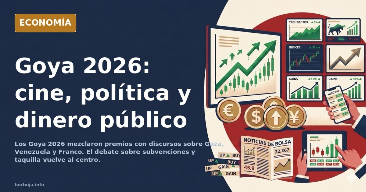 Escenario de los Premios Goya 2026 con micrófono y carteles de películas, en ilustración editorial azul marino y dorado