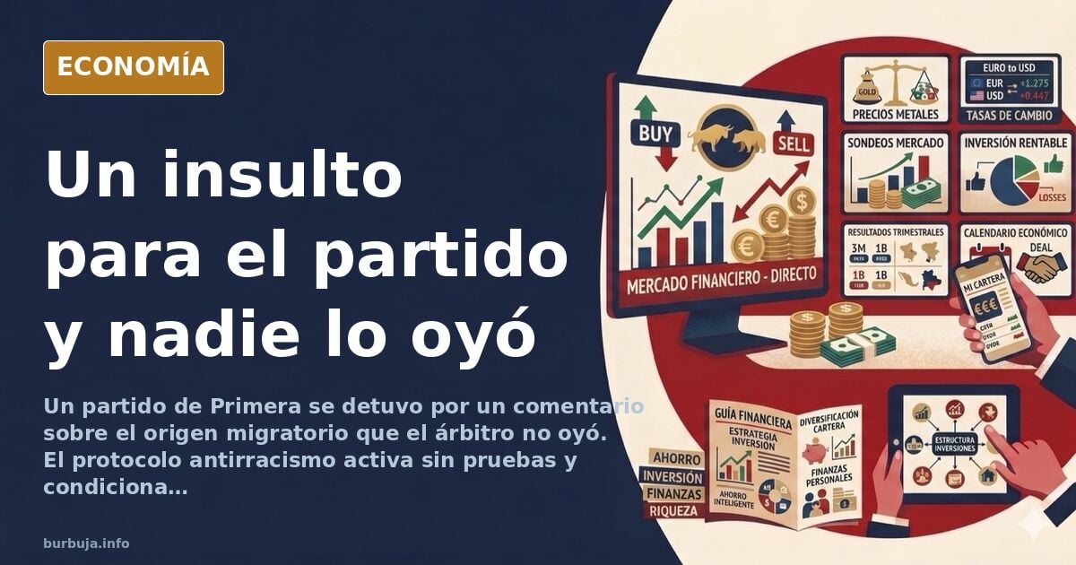 Ilustración editorial de un árbitro deteniendo un partido de fútbol mientras la grada permanece en silencio