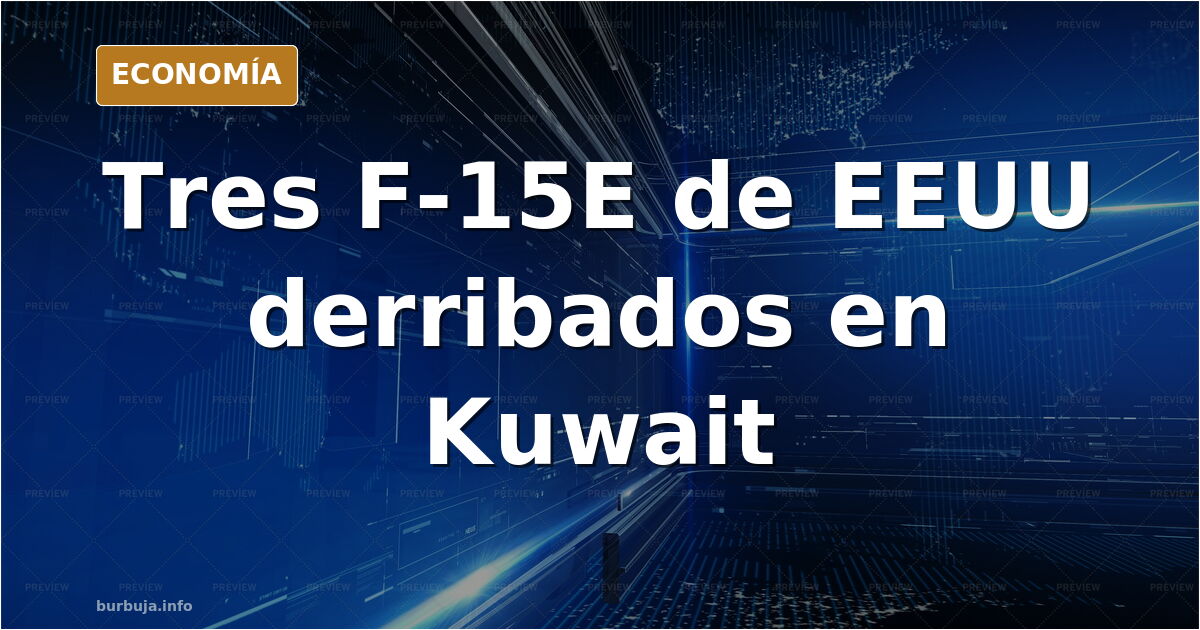 Ilustración editorial de tres cazas F-15E Strike Eagle sobrevolando territorio de Kuwait en una operación militar nocturna