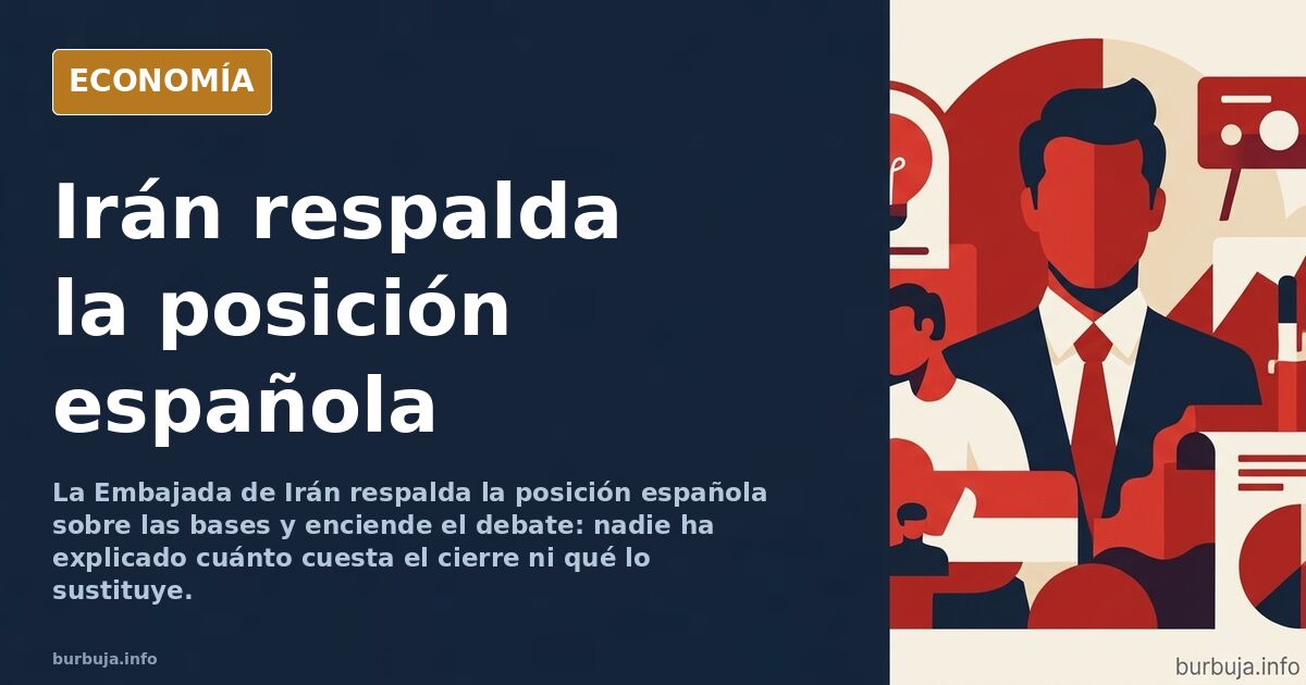 Ilustración editorial de un edificio de embajada con bandera iraní y un mapa de España con bases militares señaladas