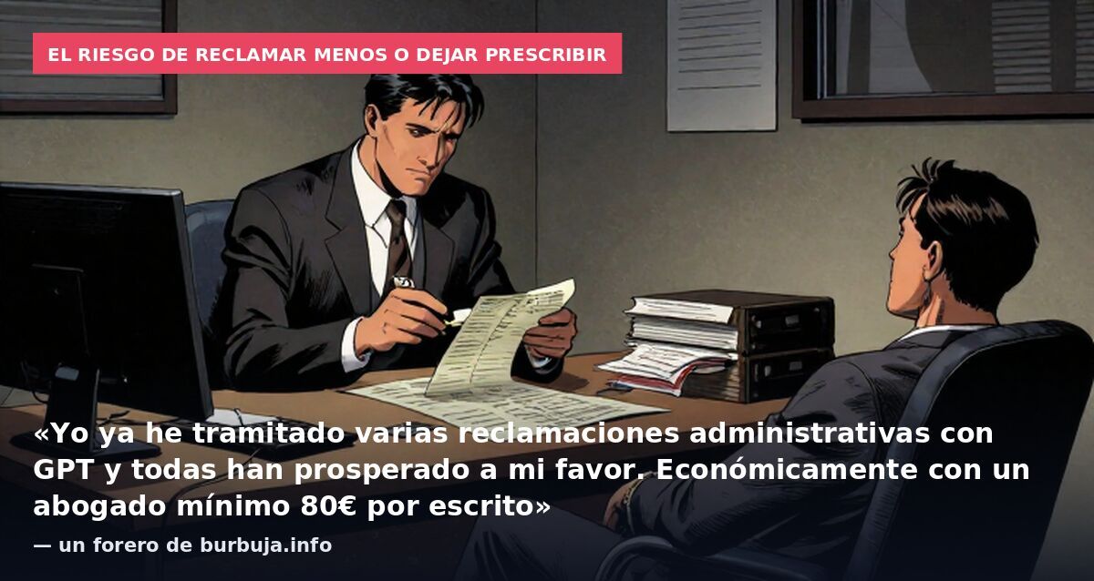 El riesgo de reclamar menos o dejar prescribir: «Yo ya he tramitado varias reclamaciones administrativas con GPT y todas han prosperado a mi favor. Económicamente con un abogado mínimo 80€ por escrito» — un forero de burbuja.info