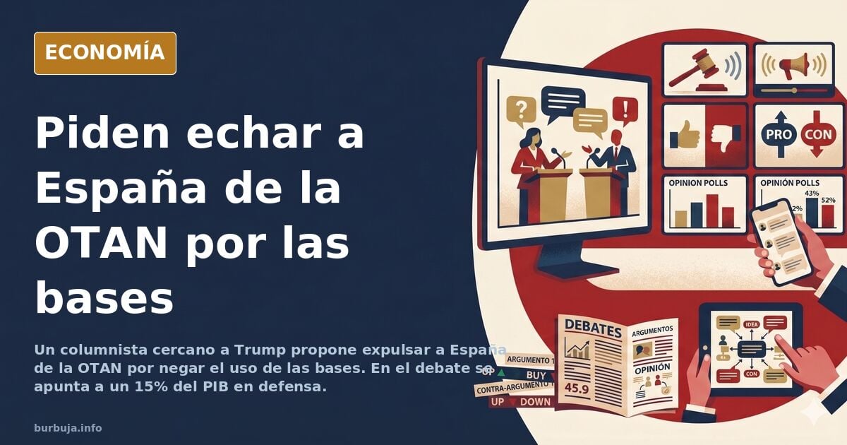 Ilustración editorial de un mapa de España con bases militares señaladas y una bandera de la OTAN difuminada al fondo