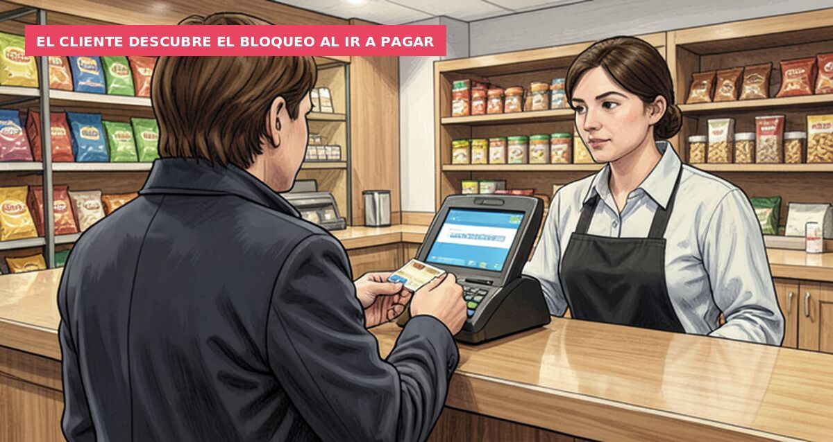 El cliente descubre el bloqueo al ir a pagar
